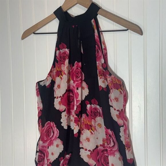IZ Byer Floral Halter Top Size L Black Pink Rose Print Ruffle Hem Keyhole Back - Picture 2 of 9